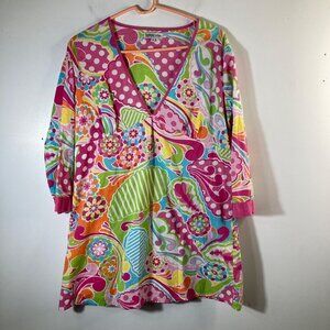 Womens Buckhead Betties V Neck Baby Doll Floral Tunic Dress 3/4 Sleeve‎ M Cotton